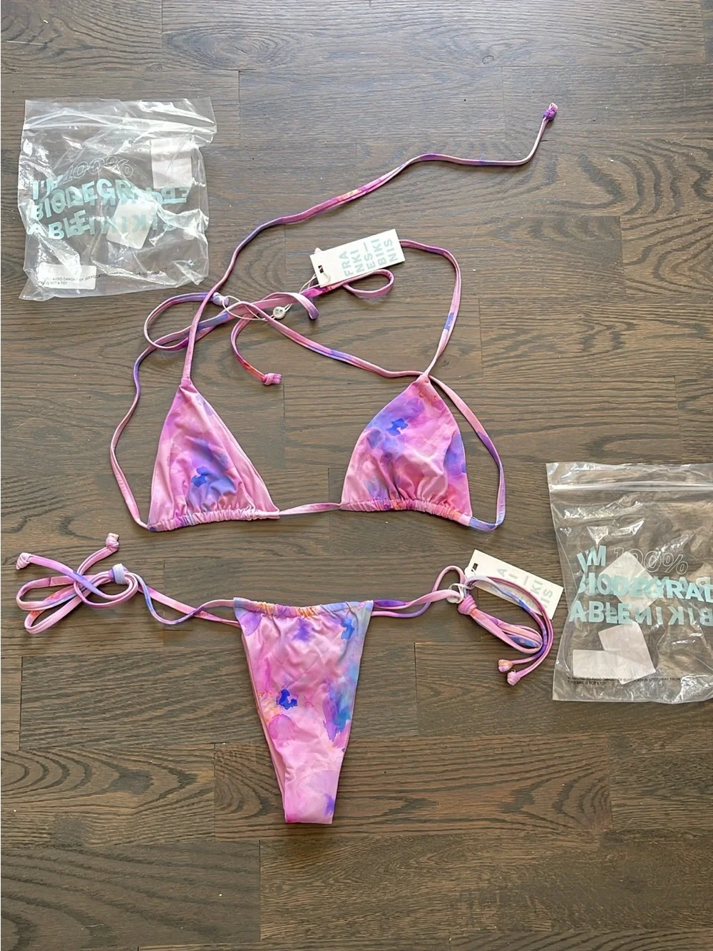 Frankie's Bikinis Pink Purple Tie-Dye Triangle String Bikini Rare